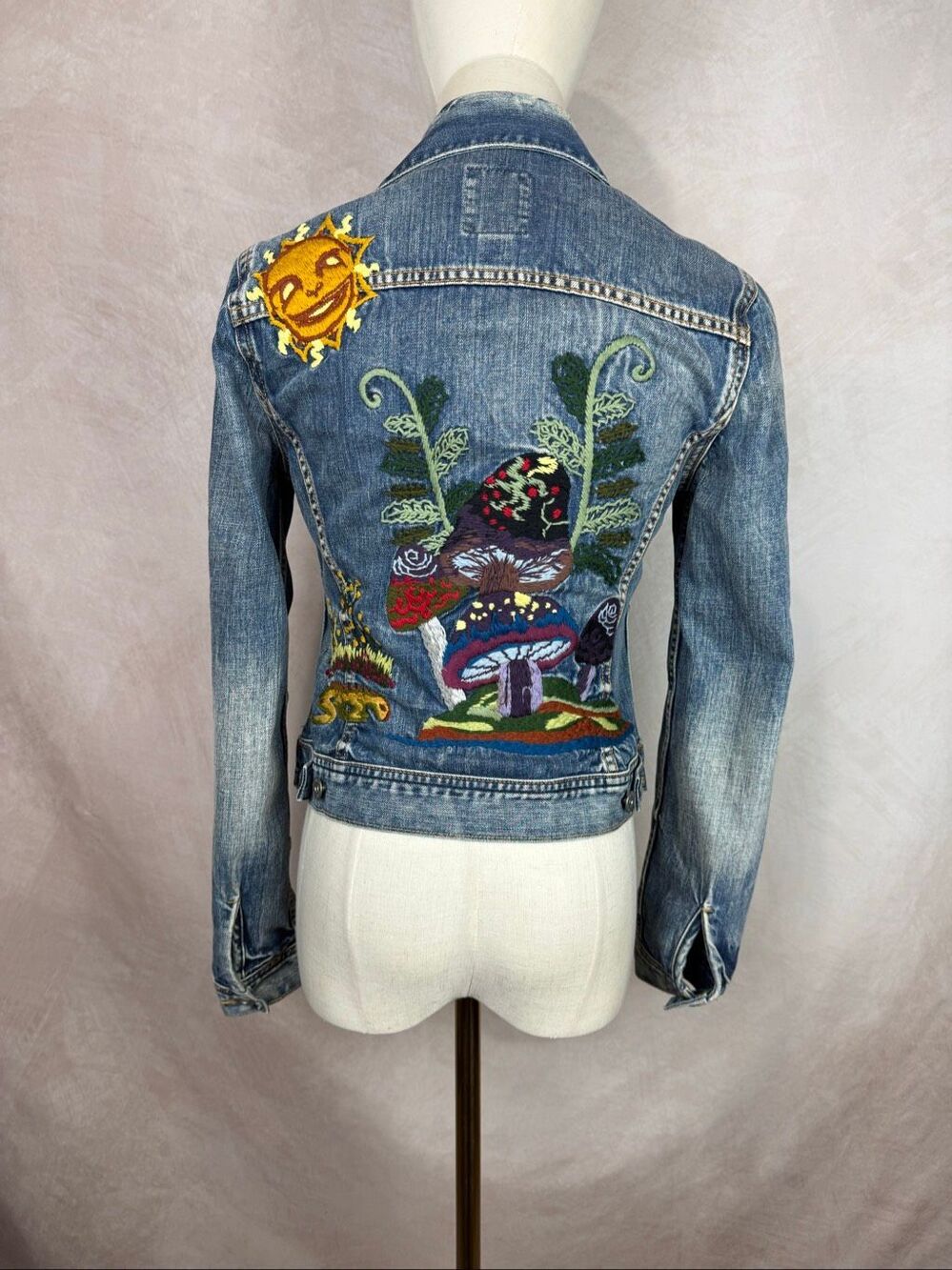 Vintage Y2K Magic Mushroom Embroidered Lucky Brand Denim Jacket Sz XS Fairy Boho